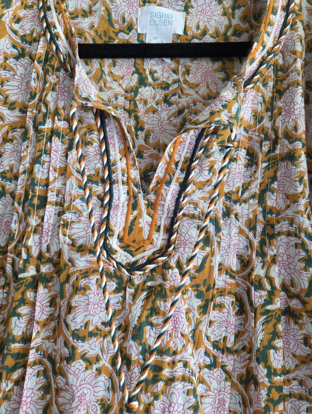 ​Sigrid Olsen Cotton Block Print Boho Blouse Tassel Tie Size L - Picture 3 of 12
